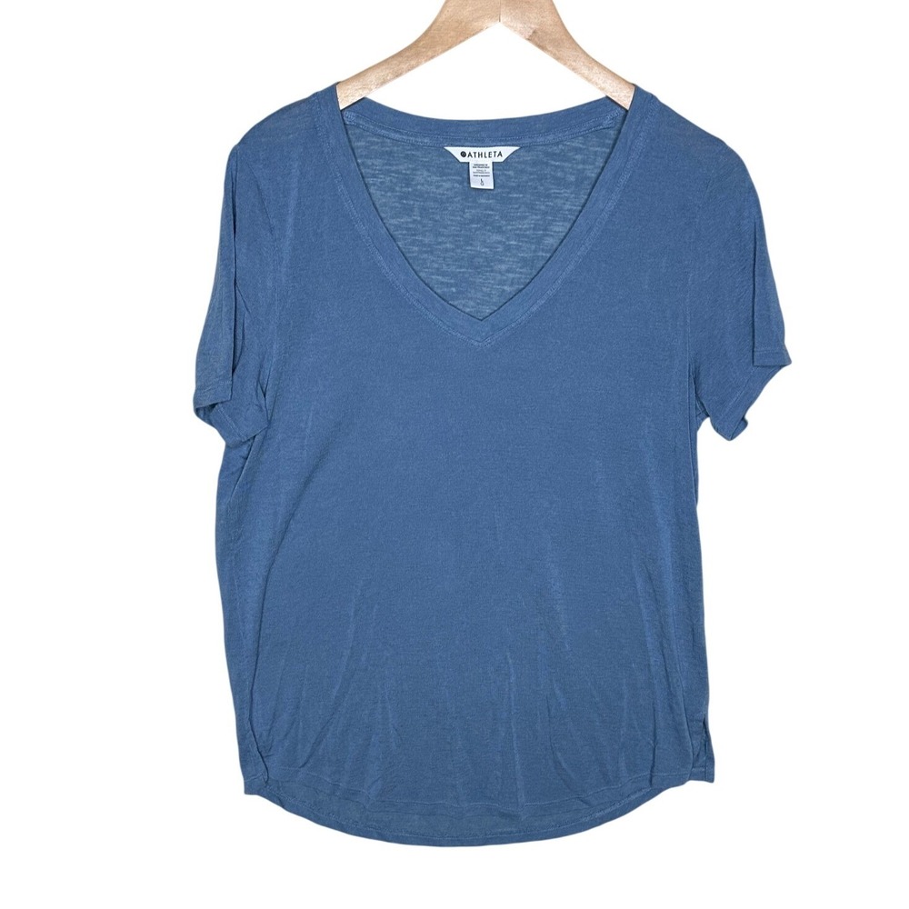 Athleta Womens V Neck Short Sleeve Top Size Large Blue